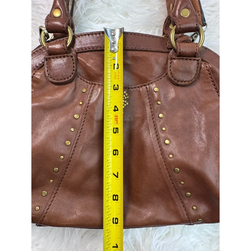 Y2K Lucky Brand Brown Leather Studded Satchel Crossbody Bag Antique Brass